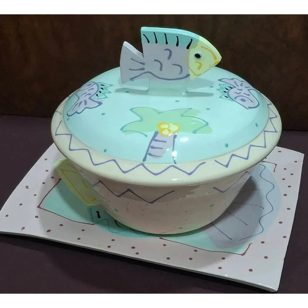 Vintage Pastel Nautical Fish Hand Painted Bowl/Lid & Plate